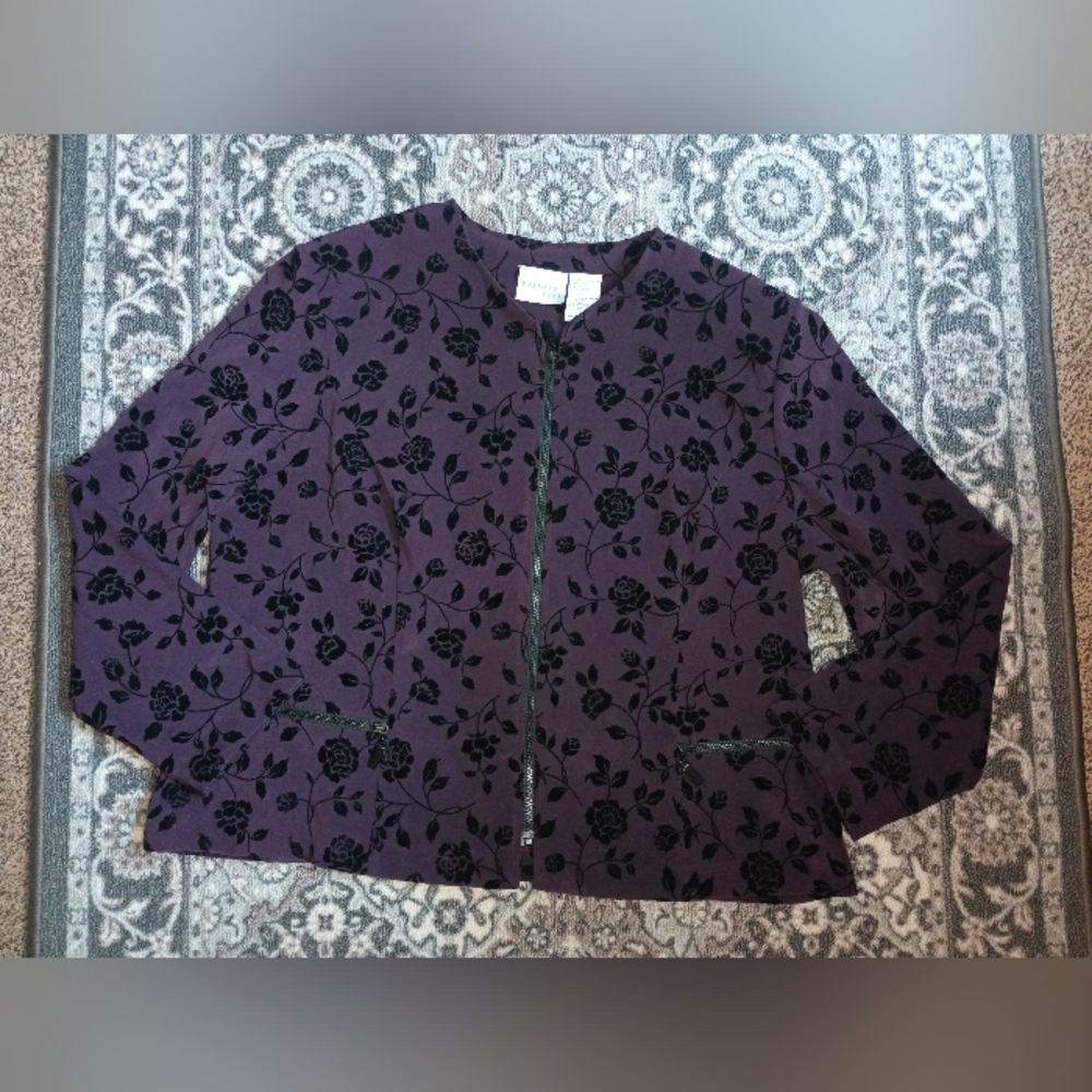 Vintage Halmode Womens Velvet Burnout Jacket 20W Purple Zip Floral Whimsigoth